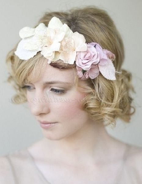 Short Wavy Bridal Hairstyles, Short Curly Wedding Hairstyles Inside Flower Tiara With Short Wavy Hair For Brides (View 7 of 25)