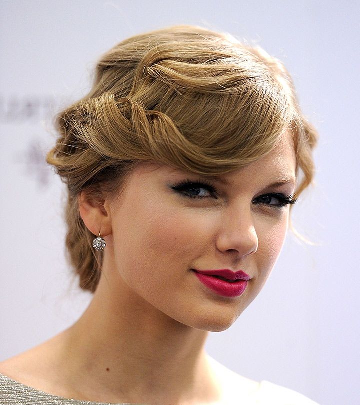 10 Stunning Taylor Swift Updo Hairstyles Regarding Side Swept Curls And Draped Bangs Hairstyles (View 13 of 25)