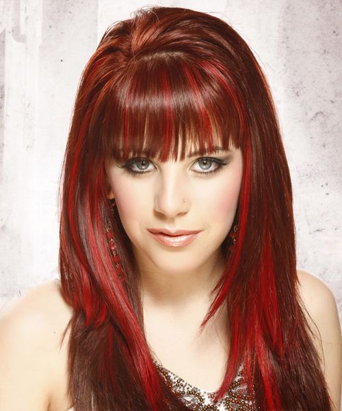 Alternative Long Straight Hairstyle With Blunt Cut Bangs – Bright In Long Hairstyles Red Highlights (View 11 of 25)