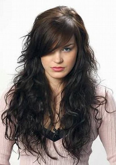 Black Long Hairstyles With Layers And Side Bangs For Curly Hair Wig Intended For Curly Long Hairstyles With Bangs (View 11 of 25)