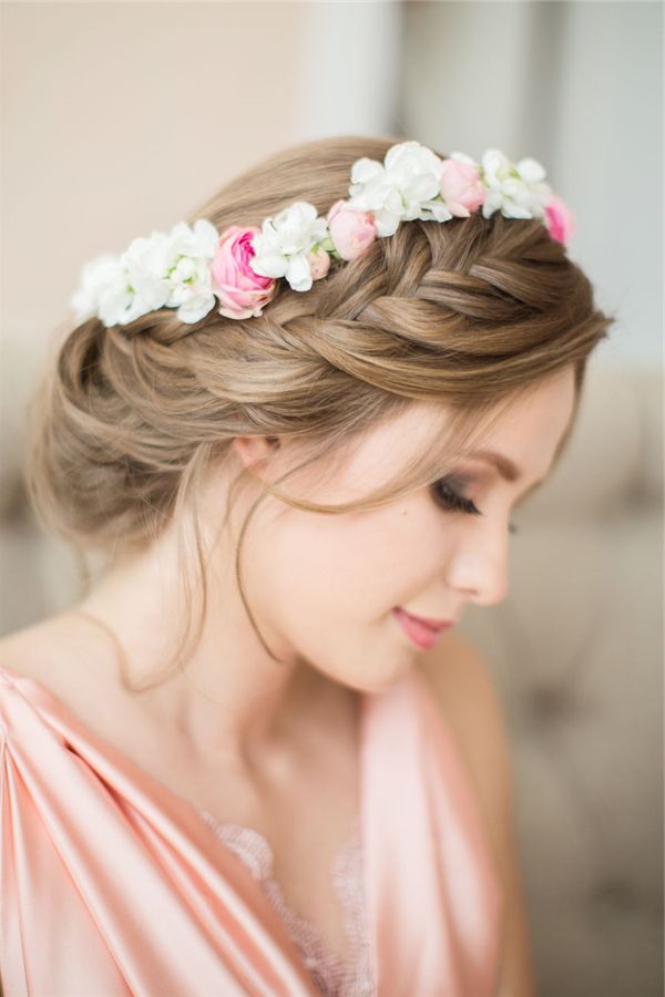 Braided Wedding Hairstyle Witn Pastel Flower Crown | Deer Pearl Flowers Throughout Floral Braid Crowns Hairstyles For Prom (View 21 of 25)