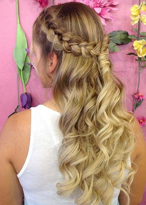 100 Trendy Long Hairstyles For Women: Curly Pinned Back Inside Most Up To Date Pretty Pinned Back Half Updo Braids (View 1 of 25)