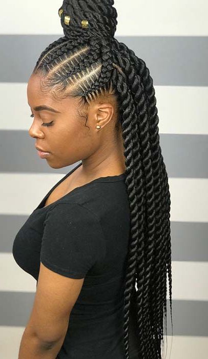 49 Senegalese Twist Hairstyles For Black Women | Stayglam Within Current Half Up Buns Yarn Braid Hairstyles (Photo 21 of 25)
