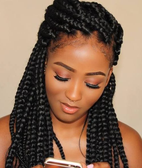 50 Exquisite Box Braids Hairstyles That Really Impress Throughout Most Up To Date Skinny Yarn Braid Hairstyles In A Half Updo (View 9 of 25)
