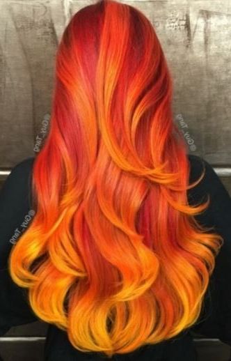 Wavy Red, Orange, & Yellow Ombre? #hairstyle #dyed Hair Pertaining To Most Up To Date Red, Orange And Yellow Half Updo Hairstyles (View 3 of 25)