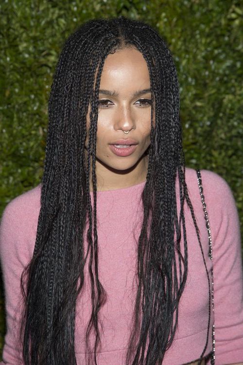 Zoë Kravitz Straight Black Mini Braids Hairstyle | Steal Her Regarding Recent Straight Mini Braids With Ombre (View 1 of 25)