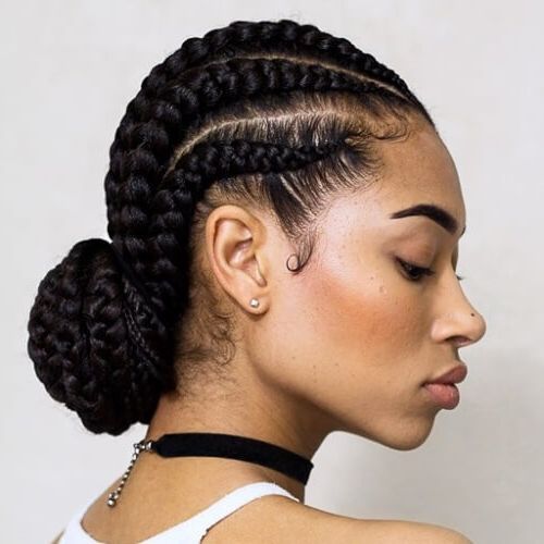 Ghana Braids: 50 Ways To Wear This Flattering Protective Within Best And Newest Cornrow Braided Bun Hairstyles (View 24 of 25)