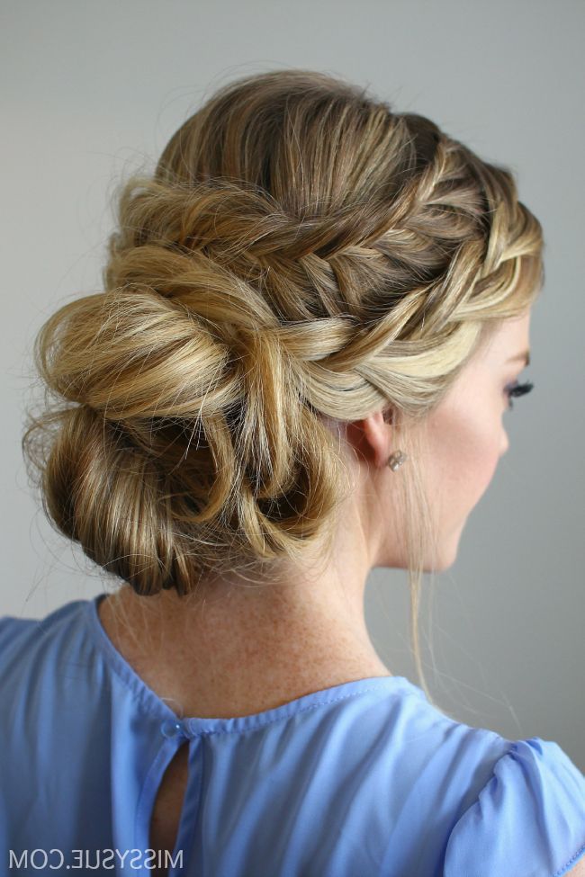 Stacked Fishtail French Braid Updo With Regard To Most Recently French Braid Low Chignon Hairstyles (View 9 of 25)