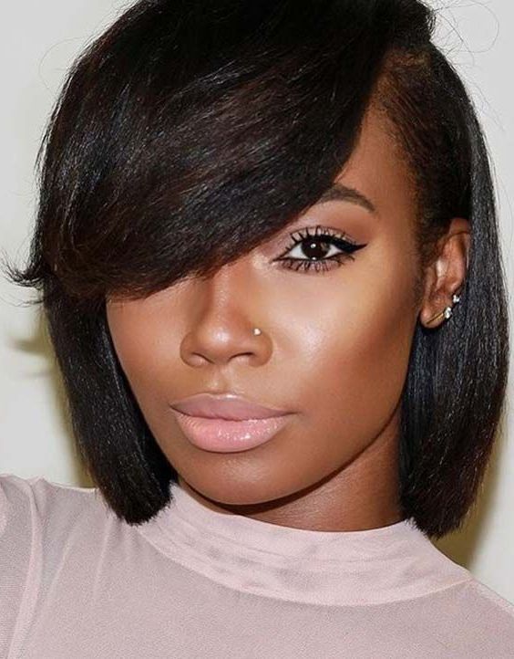 60 Best Short Bob Haircuts With Side Bangs 2018 For Black Regarding Middle Parted Relaxed Bob Hairstyles With Side Sweeps (Photo 1 of 25)