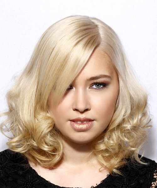 Medium Curly Light Blonde Bob Haircut With Side Swept Bangs Within Volumized Curly Bob Hairstyles With Side Swept Bangs (View 11 of 25)