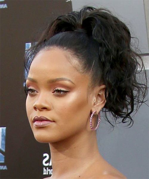 Rihanna Long Curly Black Updo Within Rihanna Black Curled Mohawk Hairstyles (View 9 of 25)