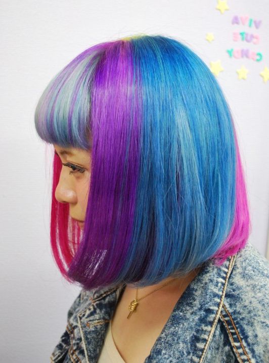 Short Straight Rainbow Bob Hairstyle With Blunt Bangs In Rainbow Bob Haircuts (View 10 of 25)