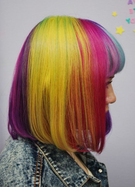 Short Straight Rainbow Bob Hairstyle With Blunt Bangs With Rainbow Bob Haircuts (View 4 of 25)