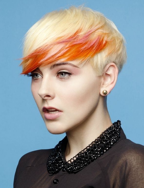 Trendy Hair Color Ideas | Pink Streaks, Orange Highlights In Trendy Pixie Haircuts With Vibrant Highlights (Photo 14 of 25)