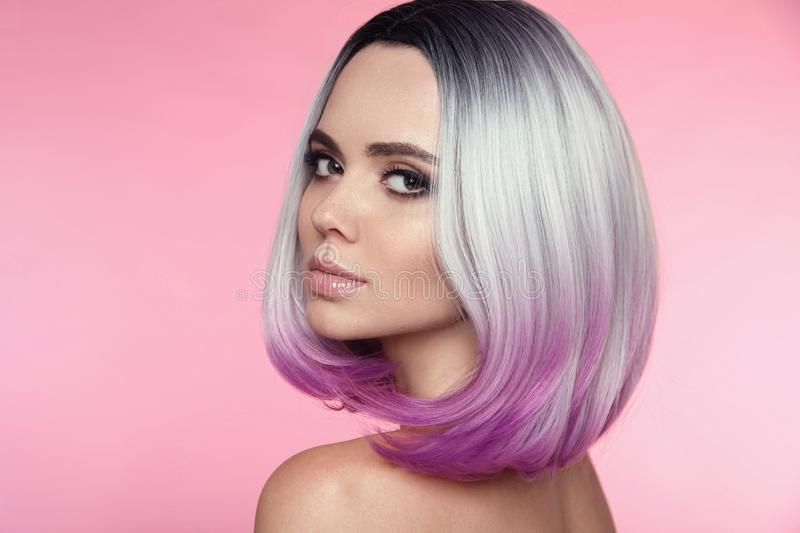 Bob Hairstyle. Colored Ombre Hair Extensions. Beauty Model Within Purple Tinted Off Centered Bob Hairstyles (Photo 17 of 25)