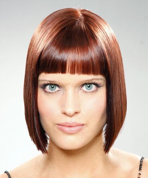 Medium Straight Mahogany Brunette Bob Haircut With Blunt Cut Throughout Sleek Blunt Brunette Bob Hairstyles (View 15 of 25)