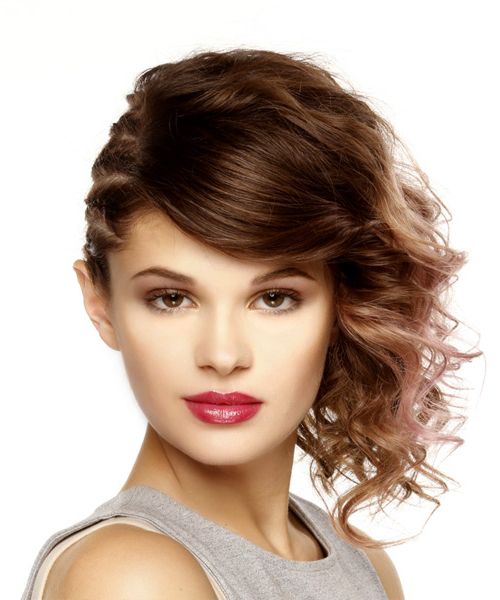Medium Wavy Brunette Asymmetrical Updo With Side Swept Bangs With Regard To Asymmetrical Side Sweep Hairstyles (Photo 17 of 25)