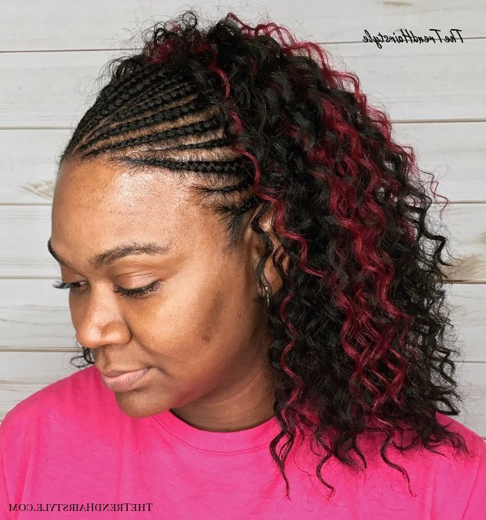 Curly Crochet Braids With Burgundy Highlights – 20 Braids Pertaining To Recent Metallic Side Cornrows Hairstyles (View 12 of 25)