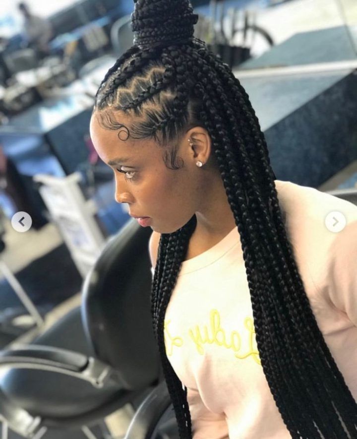Different Look On Half Up, Half Down Feed In With Box Braids With Latest Zig Zag Cornrows Hairstyles (View 18 of 25)