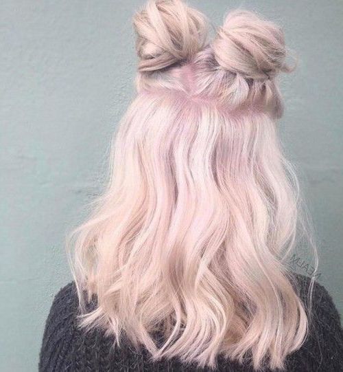 Light Pink Pastel Hair With Twin Half Up Space Buns | Hair For Most Recently Baby Pink Braids Hairstyles (Photo 16 of 25)