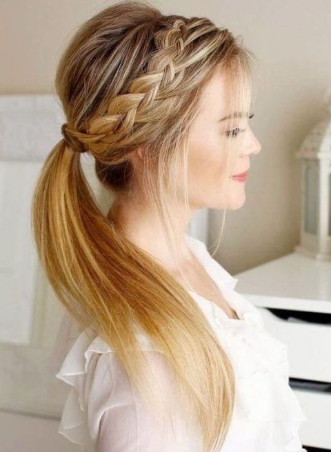 Picture Of A Ponytail With A Bump, Halo Braid And Some Bangs Regarding Most Popular Halo Braid Hairstyles With Bangs (View 23 of 25)