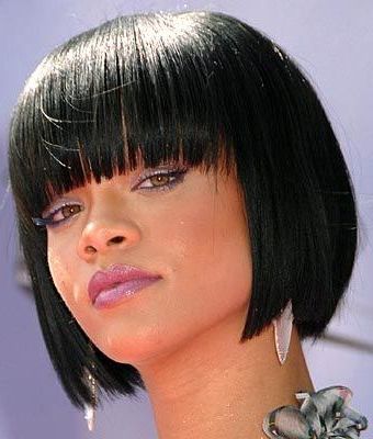 Rihanna. Cute. Chin Length Bob W/ Bangs | Short Bob With Regard To Jet Black Chin Length Sleek Bob Hairstyles (Photo 8 of 25)