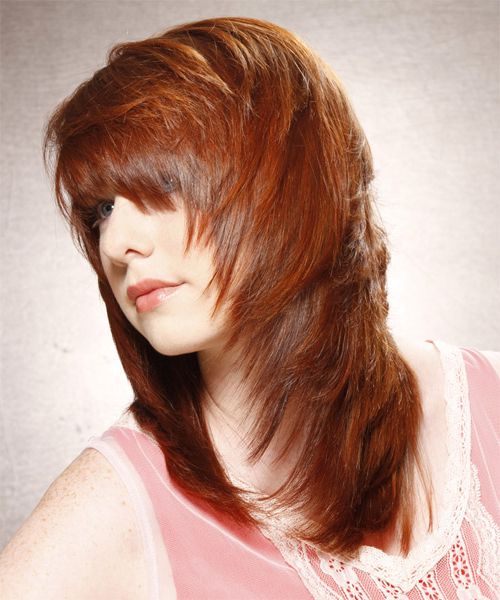 Long Straight Copper Red Hairstyle With Layered Bangs With Regard To Latest Asymmetrical Copper Feathered Bangs Hairstyles (View 24 of 25)
