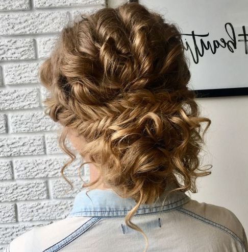 45 Charming Bride's Wedding Hairstyles For Naturally Curly Inside Most Popular Fishtail Updo Braid Hairstyles (Photo 23 of 25)