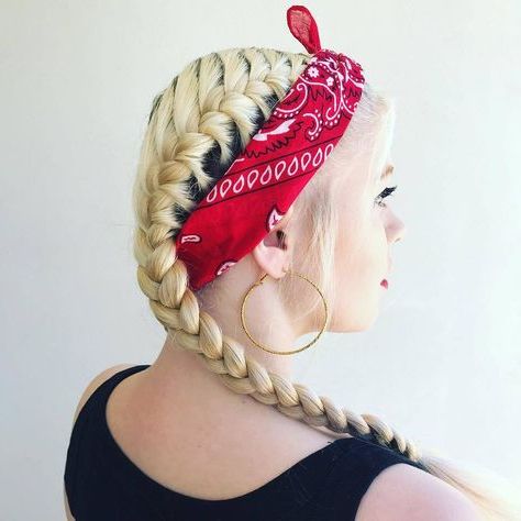 Bandana Hairstyles: Woman With Yellow Blonde French Braids Pertaining To Most Current Braid Tied Updo Hairstyles (View 19 of 25)