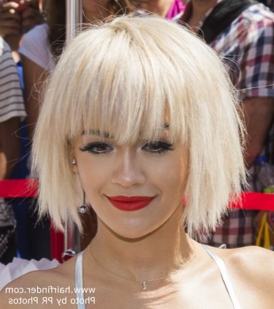 Rita Ora | Platinum Blonde Hair In A Short Bob With Bangs Intended For Recent Platinum Blonde Pixie Hairstyles With Long Bangs (Photo 10 of 25)