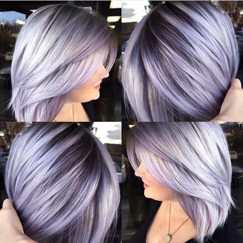 Silver Lavender Hair Color With Dark Base And Layered Bob Intended For Best And Newest Short Hairstyles With Blue Highlights And Undercut (View 4 of 25)