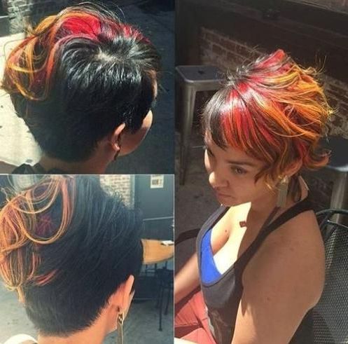 Black Pixie Haircut With Multi Colored Bangs With Regard To Short Wavy Bob Hairstyles With Bangs And Highlights (Photo 24 of 25)