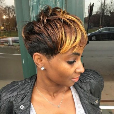 Black Pixie With Chocolate And Blonde Bangs In 2020 In Wavy Textured Haircuts With Long See Through Bangs (View 8 of 25)