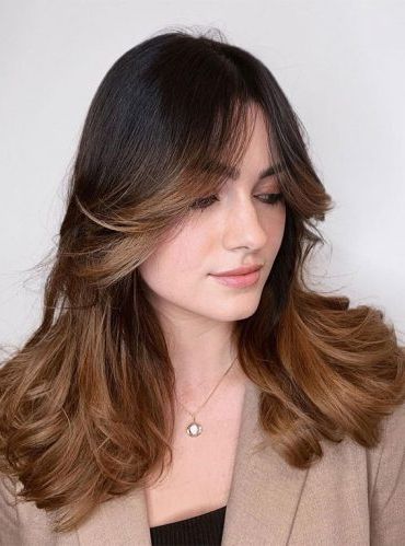 Cute Haircuts And Hairstyles With Bangs : Caramel Balayage Inside Long Wavy Hairstyles With Curtain Bangs (Photo 25 of 25)