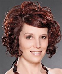 Medium Curly Dark Burgundy Red Hairstyle With Side Swept Bangs For Wavy Hairstyles With Side Swept Wavy Bangs (View 2 of 25)