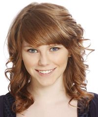 Medium Curly Light Brunette Hairstyle With Side Swept Throughout Wavy Hairstyles With Side Swept Wavy Bangs (Photo 6 of 25)