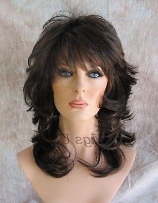 Medium Wig Dark Brown Auburn Mix Wavy Choppy Multi Layers For Long Wavy Hairstyles With Bangs Style (View 20 of 25)