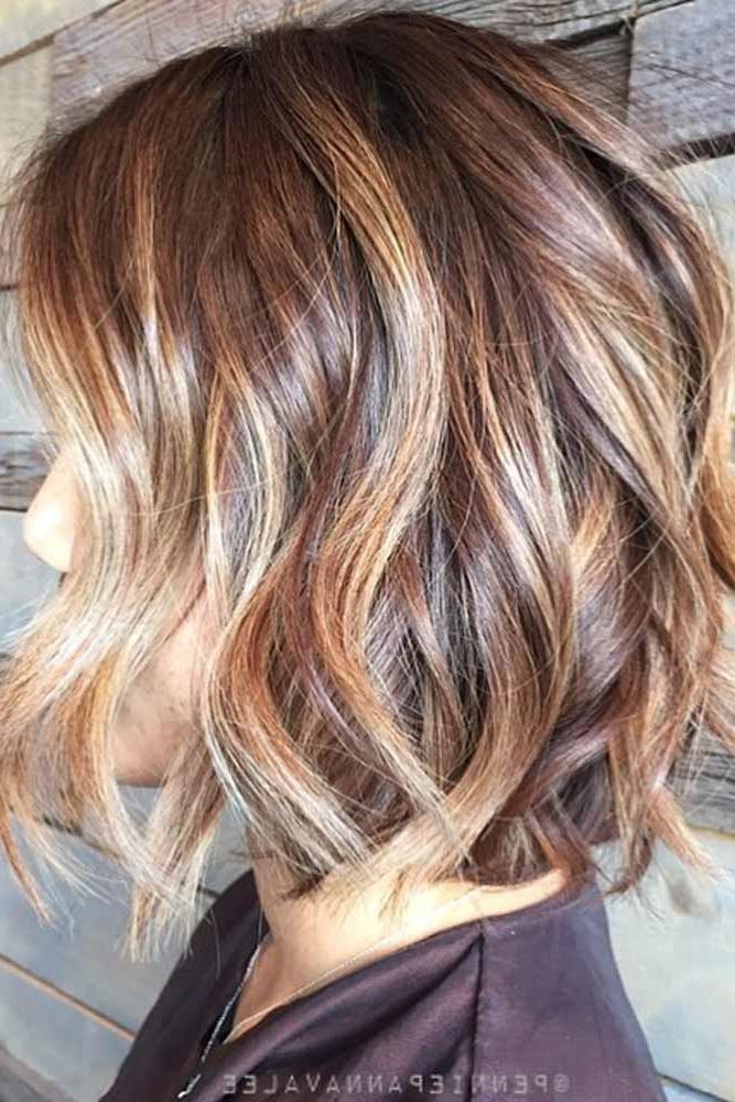 16 Trendy Messy Bob Hairstyles You Might Wish To Try! | Hair Styles, Brown  Hair With Highlights And Lowlights, Brown Hair With Highlights With Most Recent Wavy Lob Haircuts With Caramel Highlights (View 11 of 25)