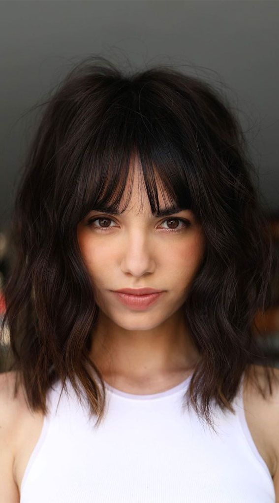30 Stylish Medium Length Haircuts To Try : Dark Hair With Fringe Undone  Look I Take You | Wedding Readings | Wedding Ideas | Wedding Dresses |  Wedding Theme Inside Recent Medium Haircuts With A Fringe (View 25 of 25)