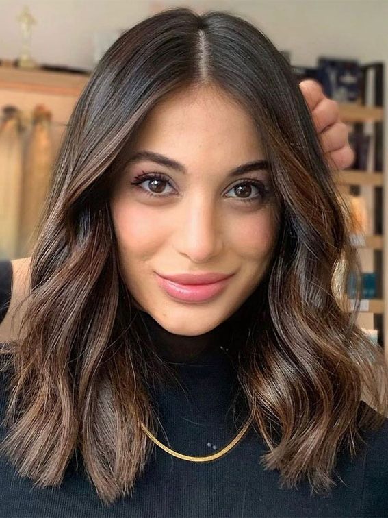 30 Stylish Medium Length Haircuts To Try : Middle Part Dark Hair With Brown  Balayage I Take You | Wedding Readings | Wedding Ideas | Wedding Dresses |  Wedding Theme Intended For Best And Newest Middle Parted Medium Length Hairstyles (View 14 of 25)
