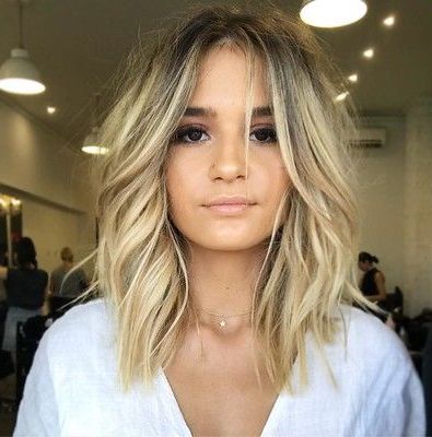Blonde Curtain Banged Lob With Soft Undone Textured Waves And Dark Ash  Shadow Roots | Damp Hair Styles, Bangs With Medium Hair, Medium Length Hair  Styles Throughout Recent Blonde Waves Haircuts With Dark Roots (View 3 of 25)