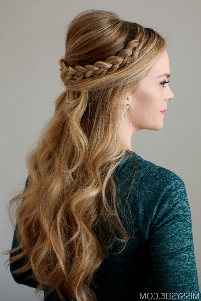 Dutch Braid Embellished Half Updo Intended For Recent Headband Braid Half Up Hairstyles (View 16 of 25)
