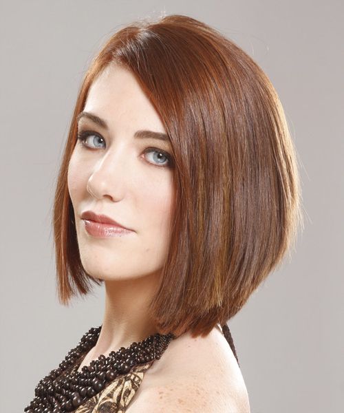 Medium Straight Chestnut Brunette Bob Haircut With Side Swept Bangs Intended For Most Up To Date Straight Mid Length Chestnut Hairstyles With Long Bangs (Photo 19 of 25)