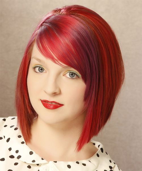 Medium Straight Layered Bright Red Bob Haircut With Side Swept Bangs And  Pink Highlights With Bright Blunt Hairstyles For Short Straight Hair (View 17 of 25)