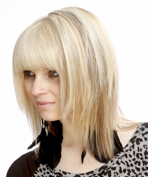 Medium Straight Light Bright Blonde And Brunette Two Tone Hairstyle With  Blunt Cut Bangs Regarding Bright Blunt Hairstyles For Short Straight Hair (View 2 of 25)