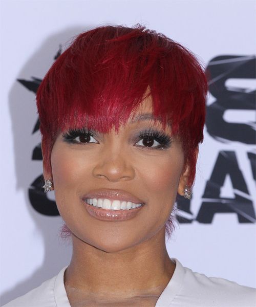 Monica Brown Layered Bright Red Pixie Cut With Razor Cut Bangs Throughout Bright Bang Pixie Hairstyles (View 1 of 25)
