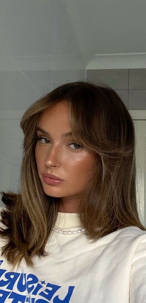Pin On Hair Regarding Current Straight Mid Length Chestnut Hairstyles With Long Bangs (View 16 of 25)