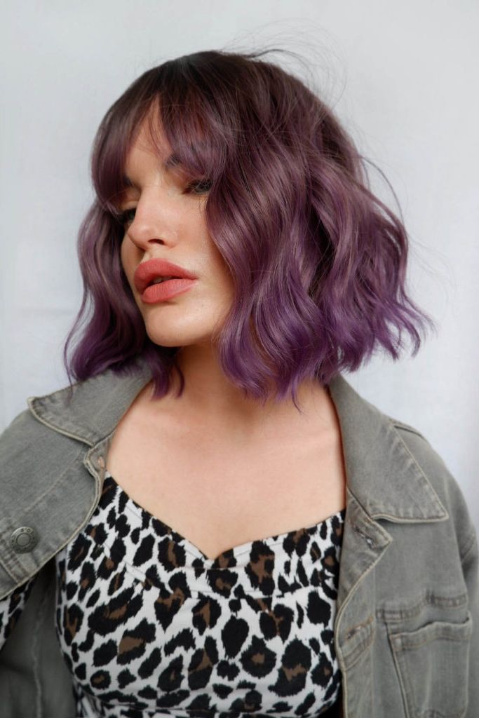 Purple Ombre Wavy Bob Wig With Bangs | Bruised Violetlush Wigs Uk In Most Recently Purple Wavy Shoulder Length Bob Haircuts (View 11 of 25)