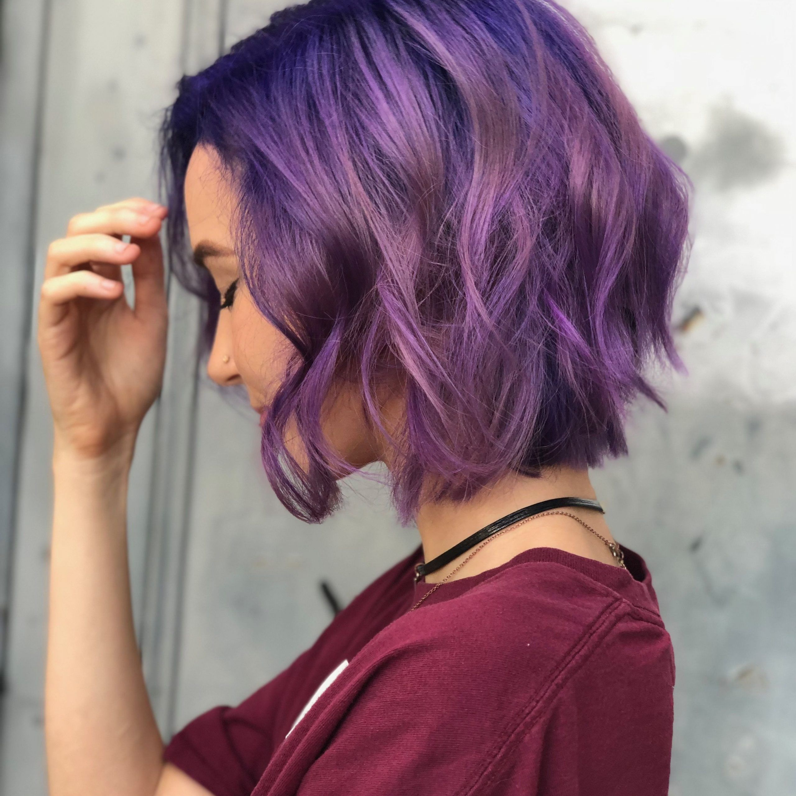 Short Purple Hair Haircut Waves Curly Hair | Coloración De Cabello, Look De  Cabello, Ideas De Cabello Teñido Inside Latest Purple Wavy Shoulder Length Bob Haircuts (View 15 of 25)