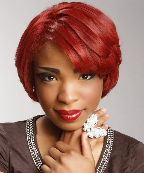 Short Straight Bright Red Hairstyle With Side Swept Bangs In Bright Bang Pixie Hairstyles (View 6 of 25)